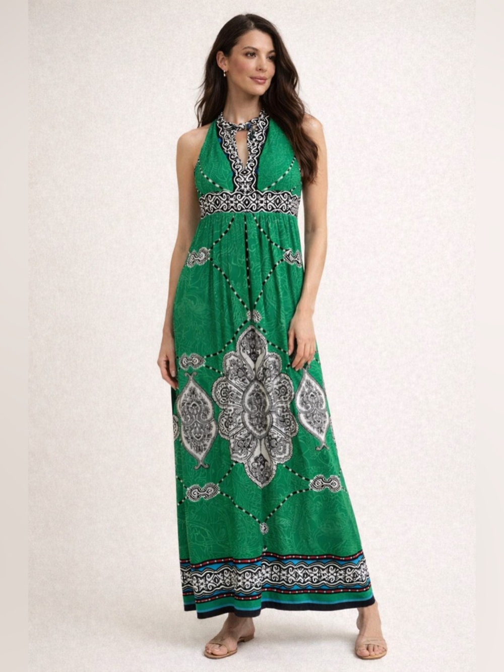 Ronni Nicole Green Paisley Halter Maxi Dress‎ Size 10